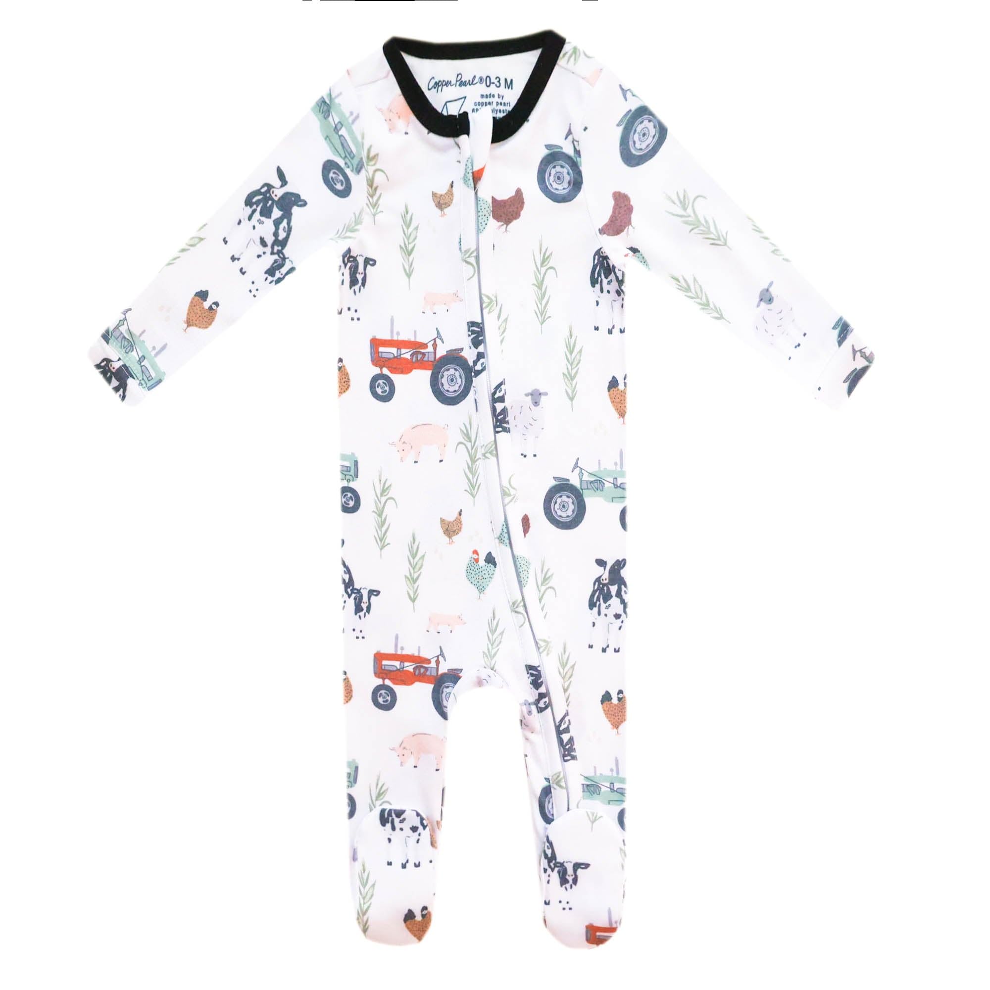 Copper Pearl zip-up footie pajama front view, ultra-soft knit fabric for cozy sleep.