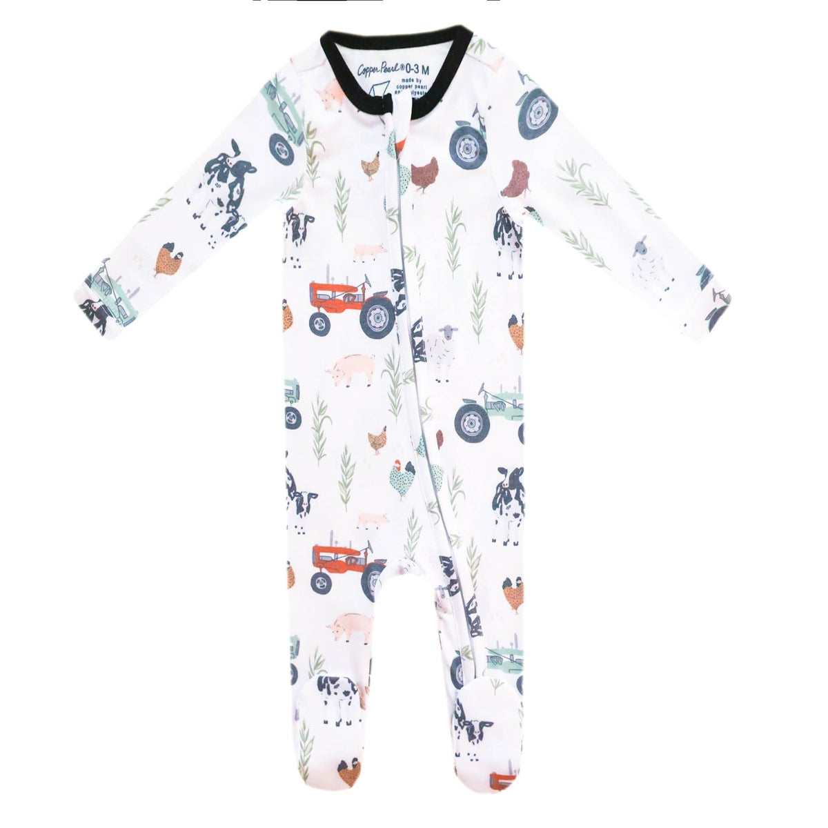 Copper Pearl zip-up footie pajama front view, ultra-soft knit fabric for cozy sleep.