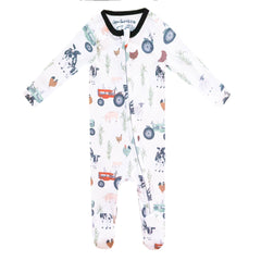 Copper Pearl zip-up footie pajama front view, ultra-soft knit fabric for cozy sleep.