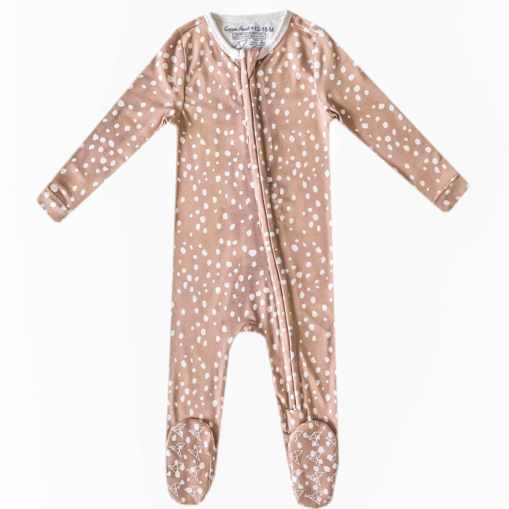 Copper Pearl zip-up footie pajama close-up showing premium knit fabric with ultra-soft feel