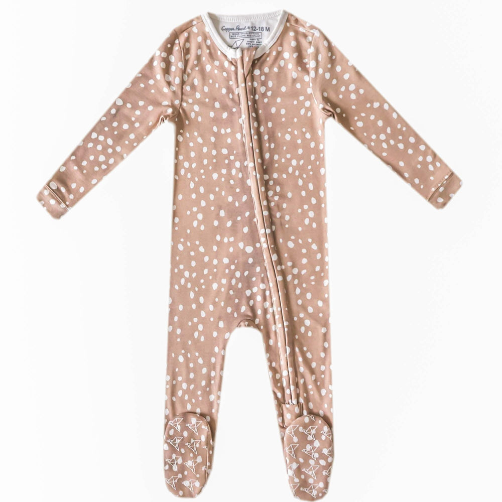 Copper Pearl zip-up footie pajama close-up showing premium knit fabric with ultra-soft feel