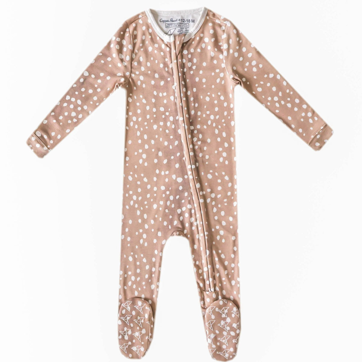 Copper Pearl zip-up footie pajama close-up showing premium knit fabric with ultra-soft feel