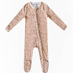 Copper Pearl zip-up footie pajama close-up showing premium knit fabric with ultra-soft feel