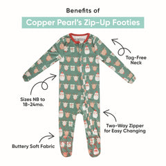 Copper Pearl zip-up footie pajama side view, two-way zipper enables easy diaper changes.