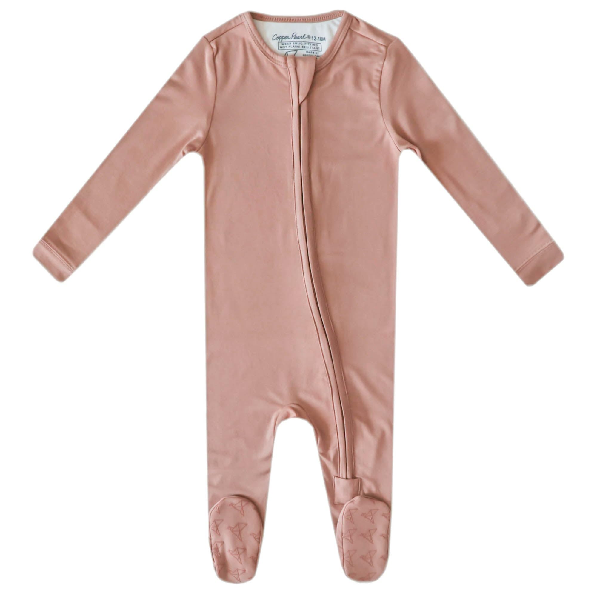 Copper Pearl zip-up footie pajama ultra-soft knit fabric for comfy newborn lounging.