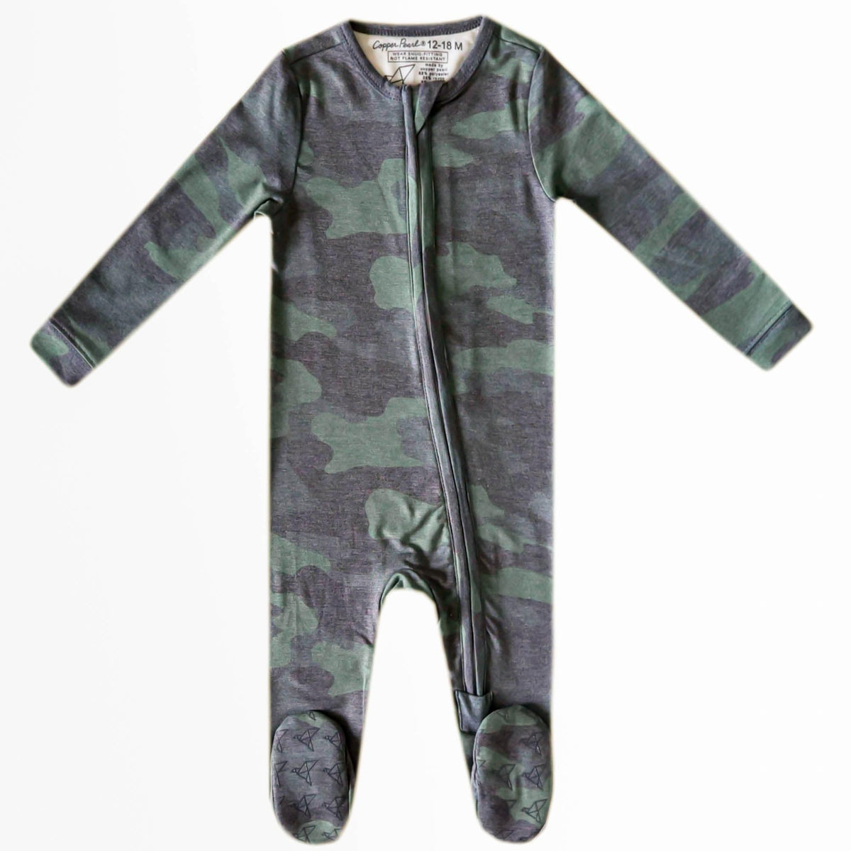 Copper Pearl Zip-Up Footie Pajamas in Hunter, front view, ultra-soft for all-day comfort.