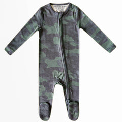 Copper Pearl Zip-Up Footie Pajamas in Hunter, front view, ultra-soft for all-day comfort.