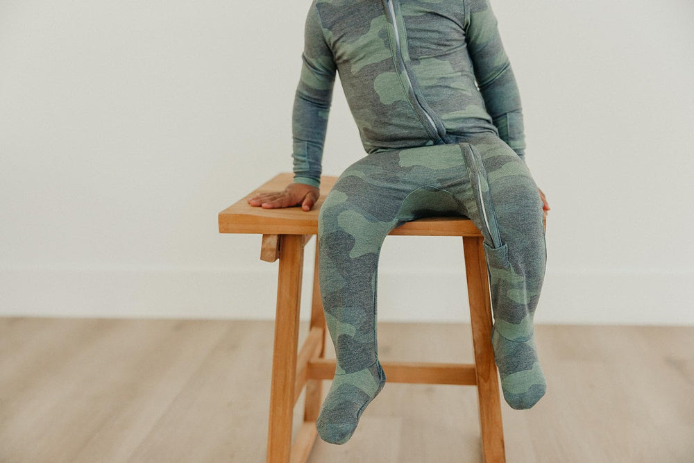 Copper Pearl Zip-Up Footie Pajamas Hunter, ideal sleepwear and lounge layering for babies.