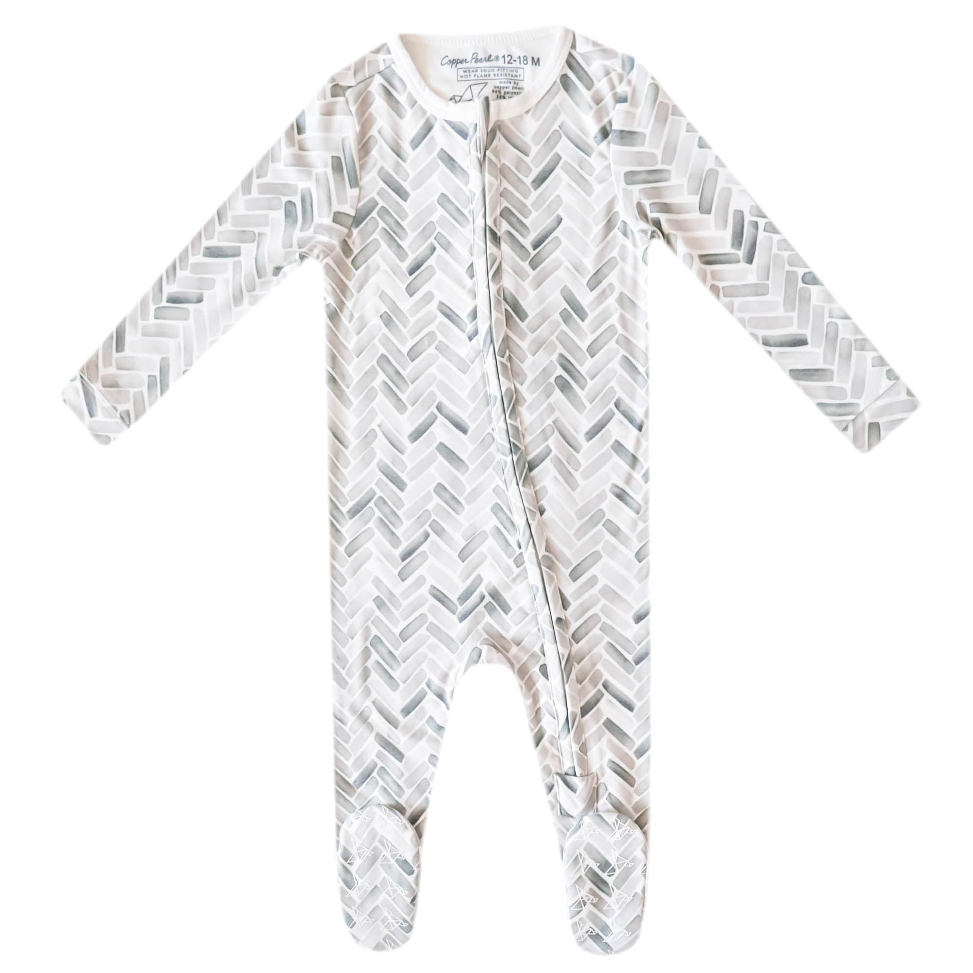 Copper Pearl zip-up footie close-up in ultra-soft knit fabric for gentle skin contact