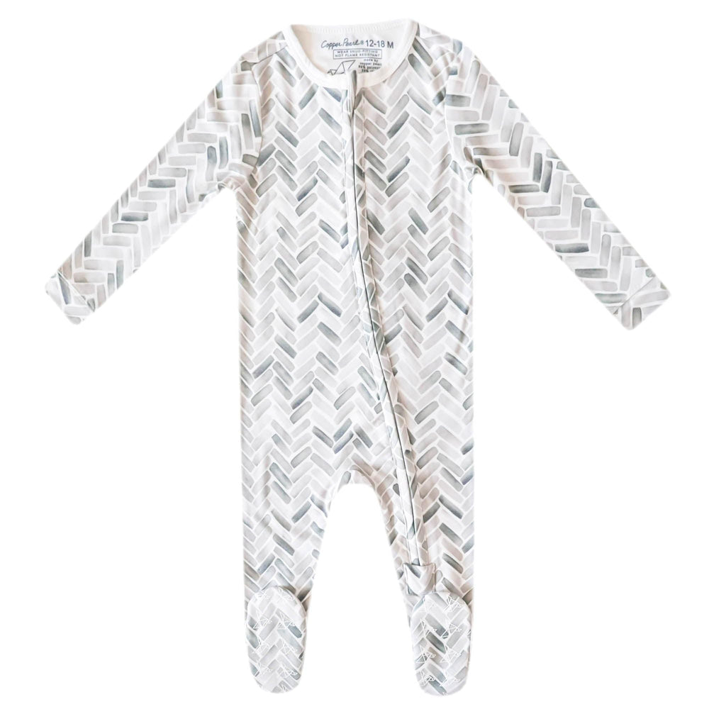 Copper Pearl zip-up footie close-up in ultra-soft knit fabric for gentle skin contact