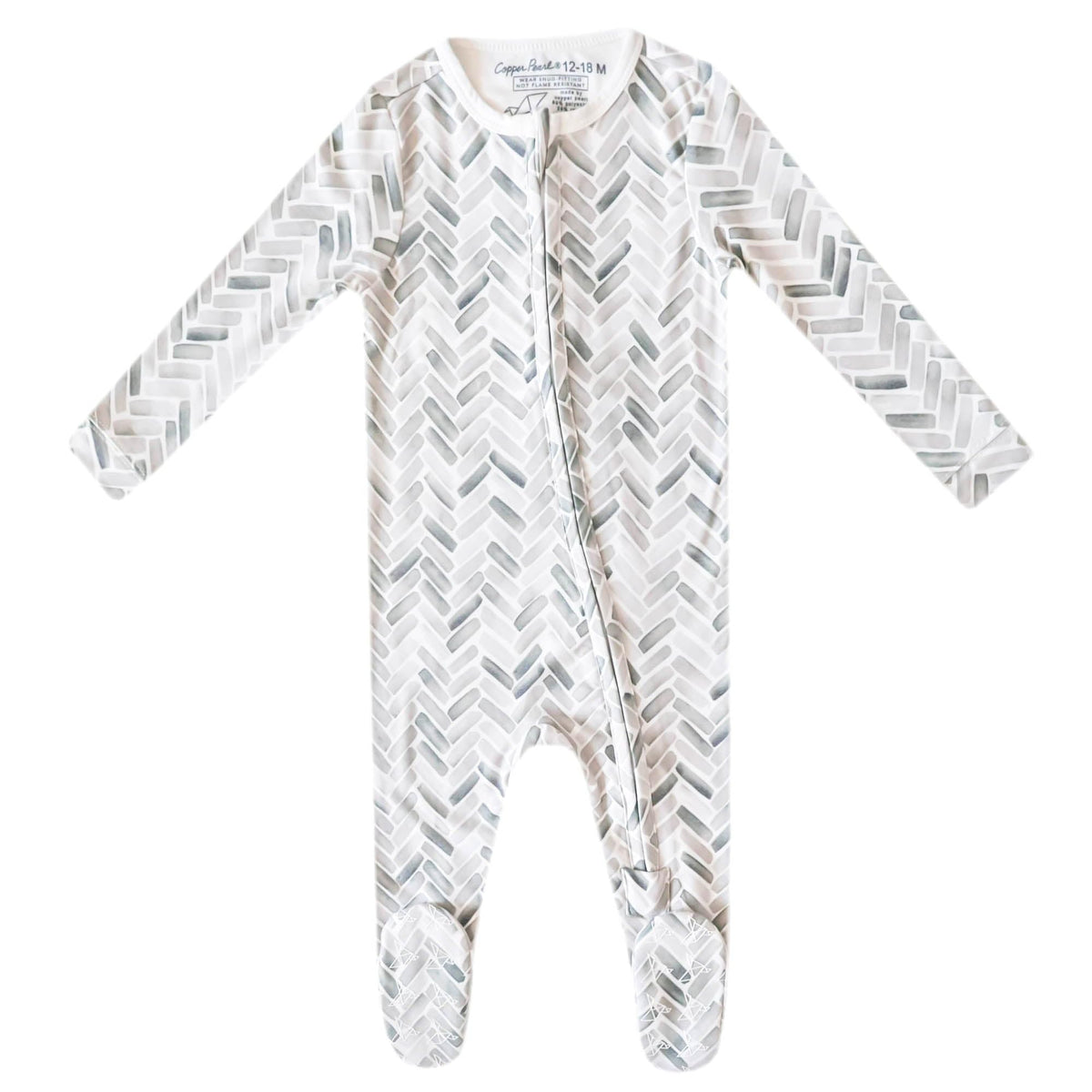 Copper Pearl zip-up footie close-up in ultra-soft knit fabric for gentle skin contact