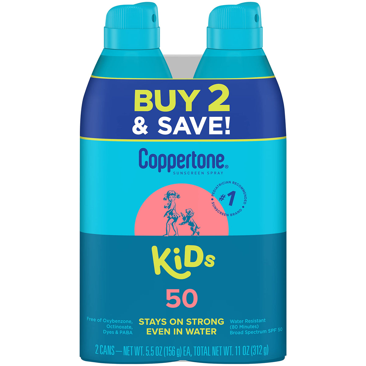 Coppertone Kids SPF 50 spray bottle front view, ready for quick sun protection.