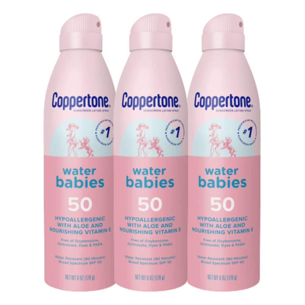 Coppertone WaterBabies sunscreen spray bottle for quick outdoor coverage.
