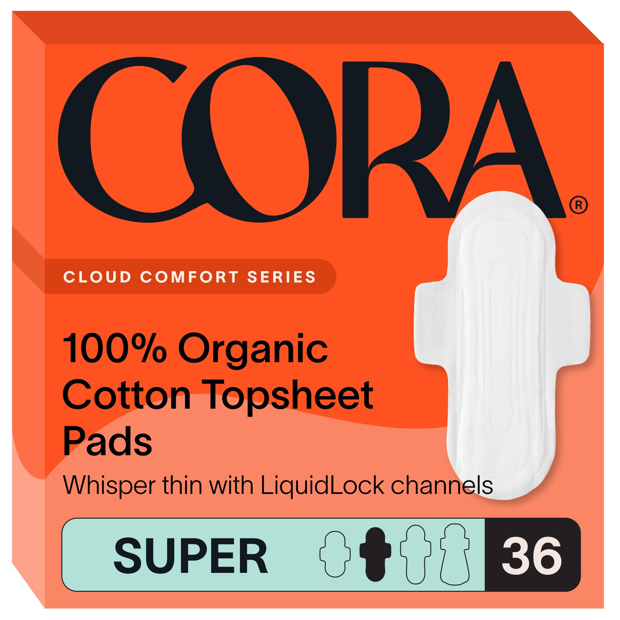 Cora pads with 100% organic cotton topsheet for ultra-thin comfort and protection.
