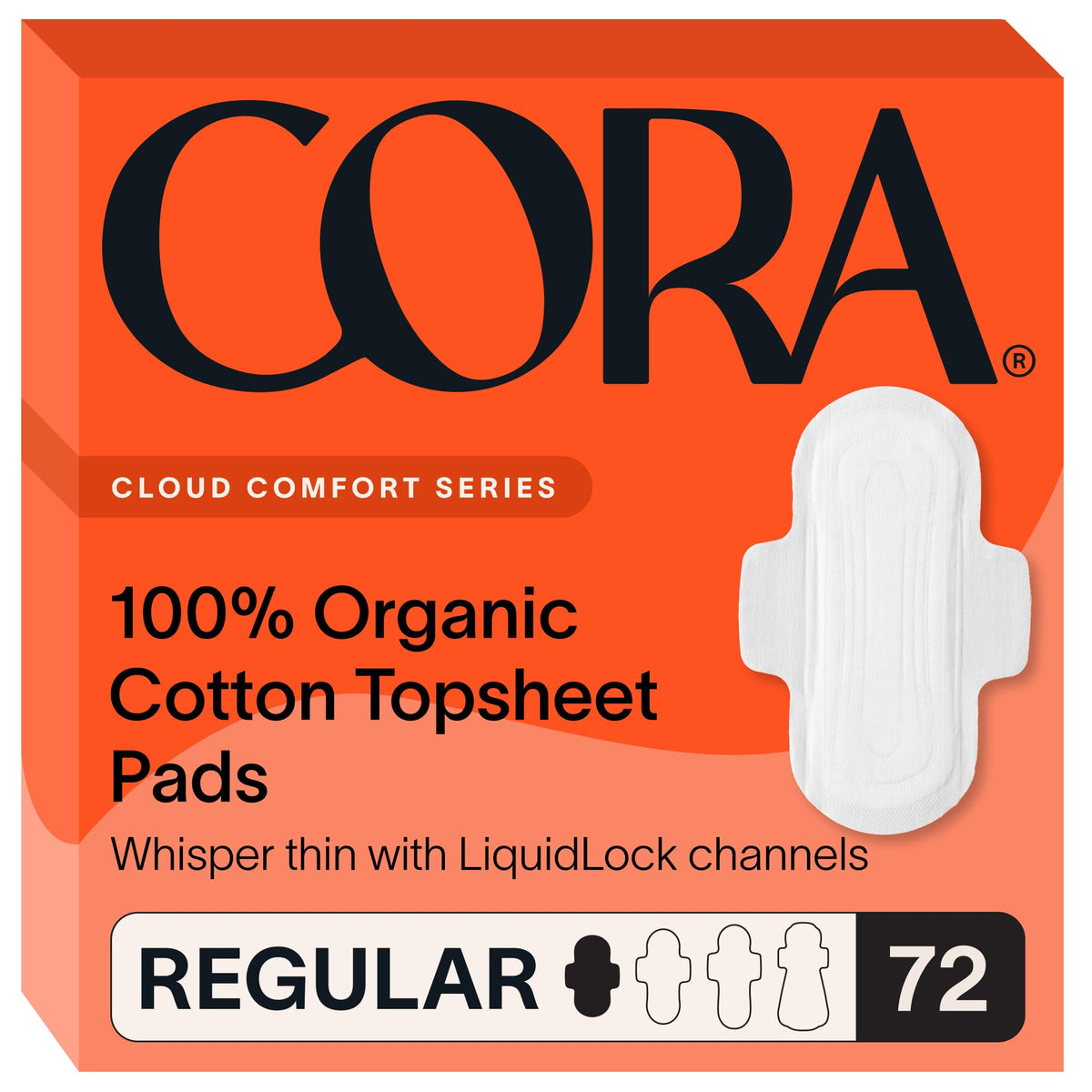 Cora 100% organic topsheet pads in packaging for clean daily protection.