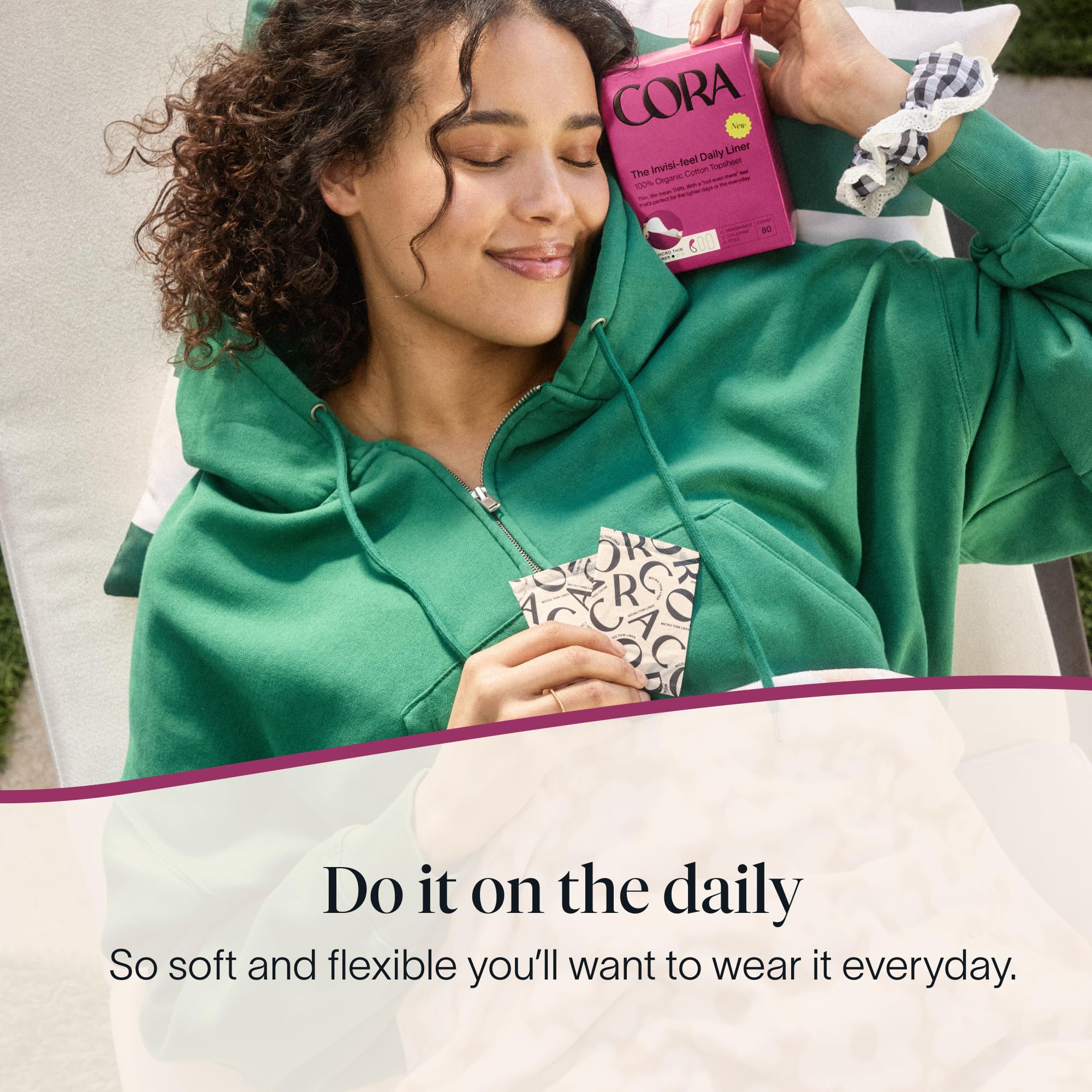 Cora hypoallergenic, dermatologically tested liner with fragrance- and chlorine-free materials.