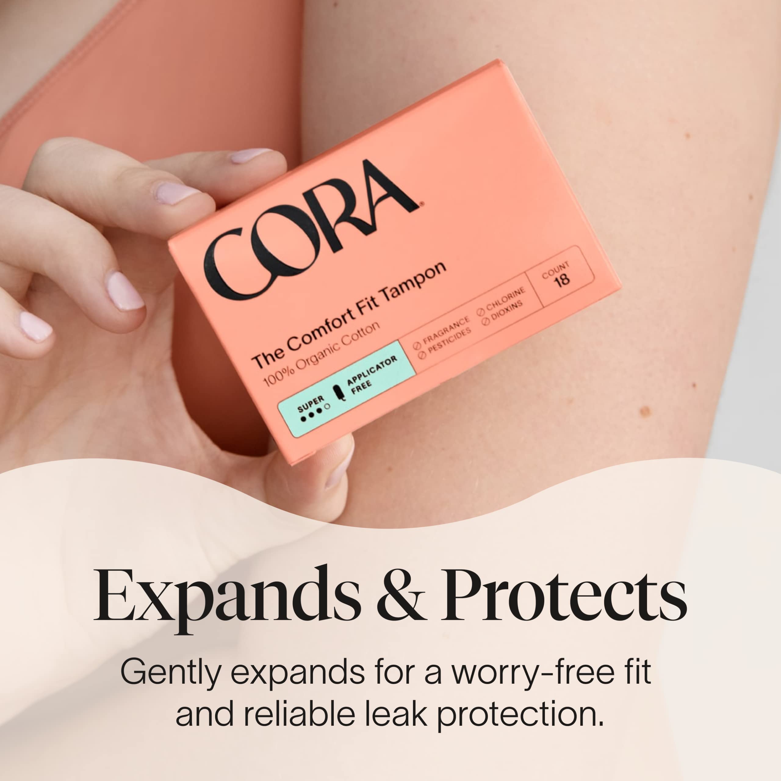 Cora non-applicator tampons with rounded tip for easy insertion.