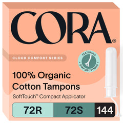 Cora organic tampons multipack packaging featuring 144 applicator tampons for on-the-go protection