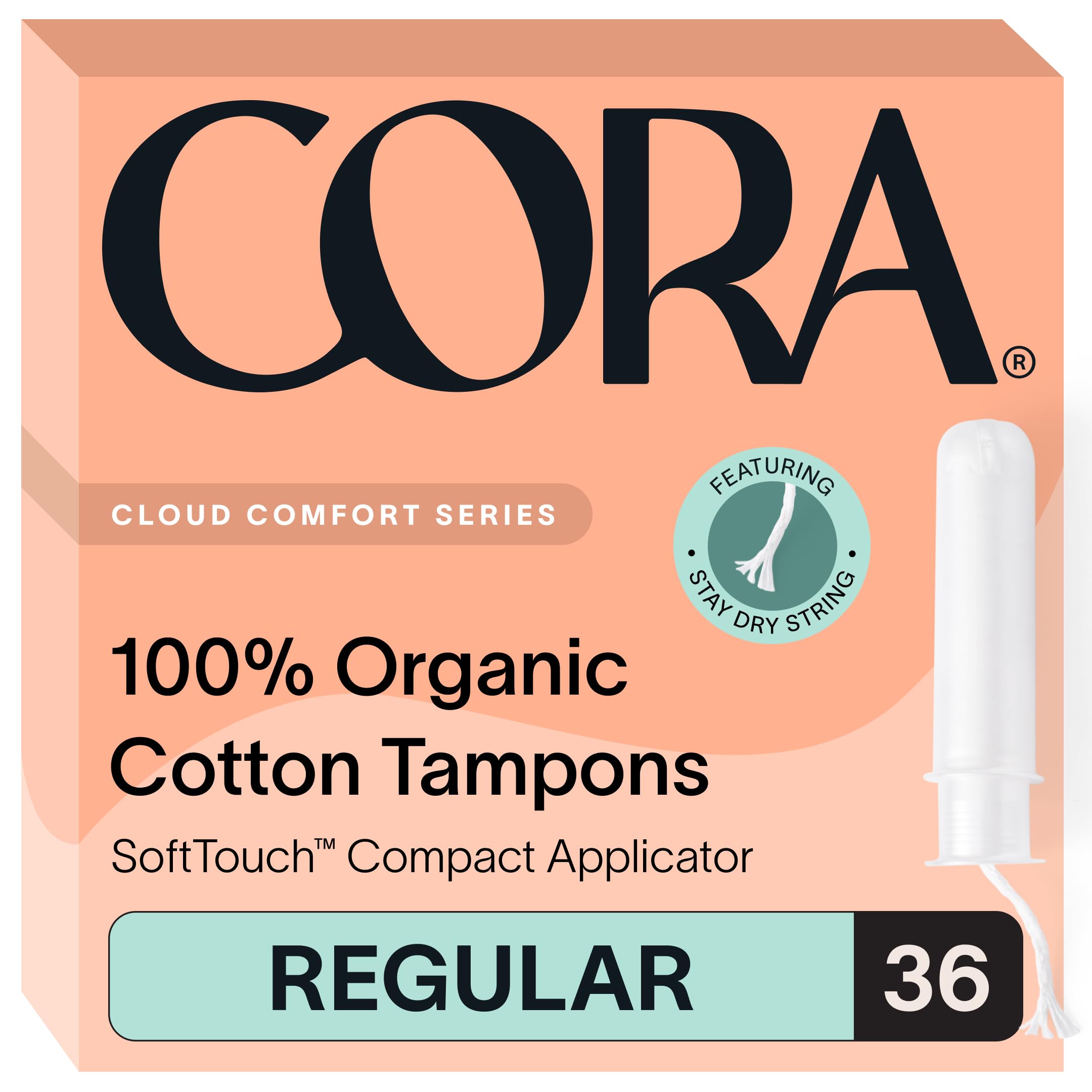 Cora Organic Tampons Regular Pack showing 36 tampons for all-day protection.