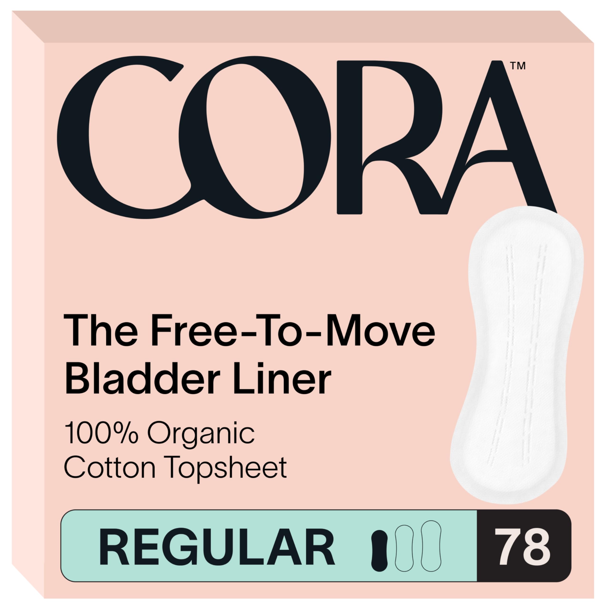 Cora organic topsheet bladder liner regular pack shot highlighting hypoallergenic material for sensitive skin.