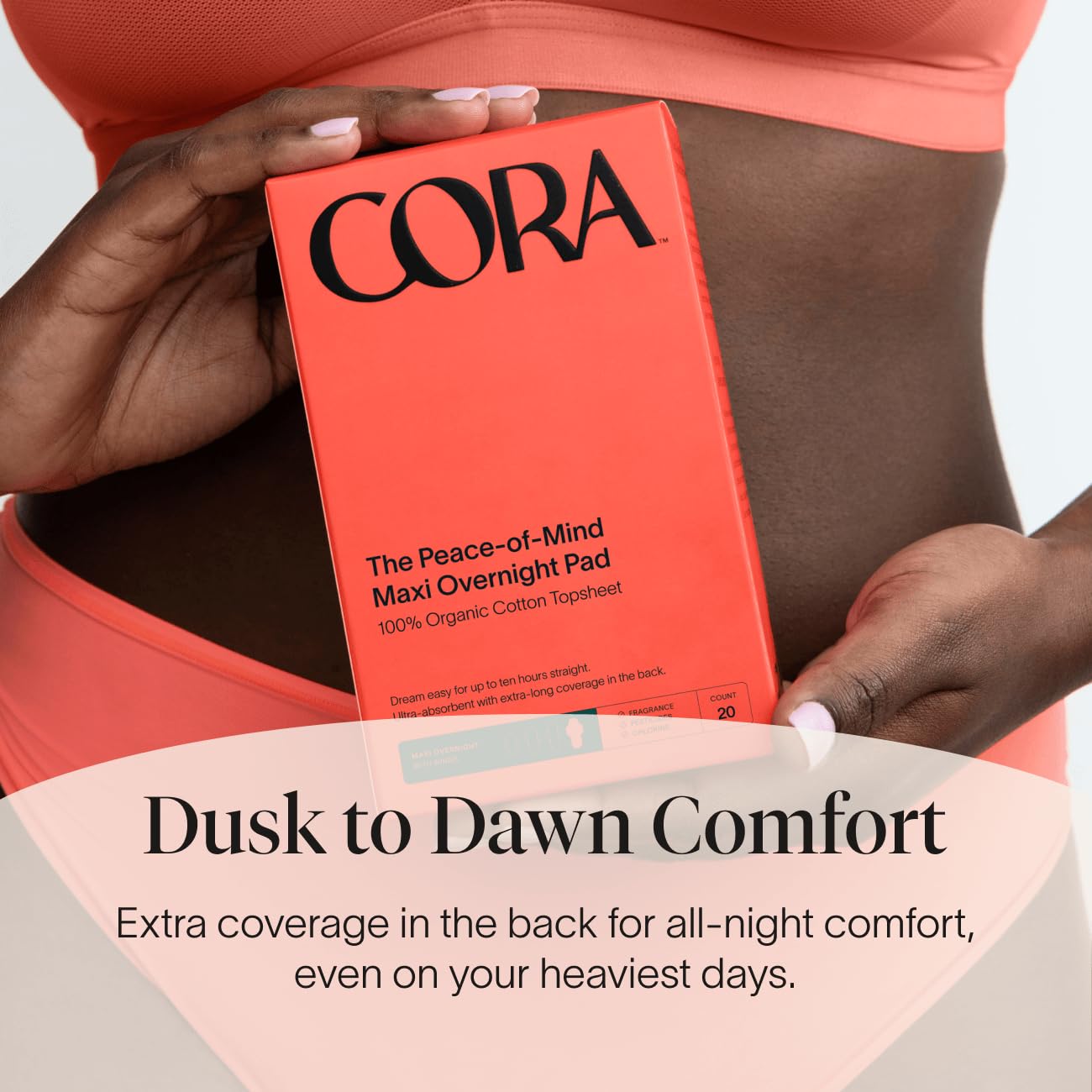 Cora overnight pad absorbency close-up demonstrates maximum absorbent core