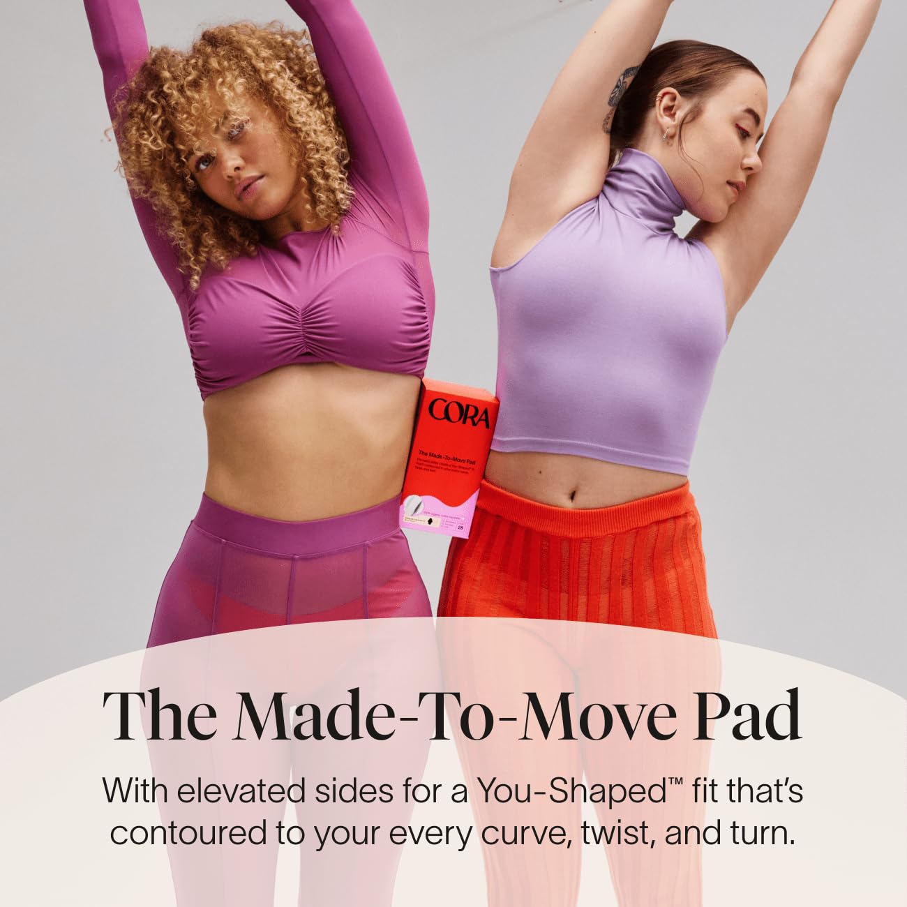 Cora topsheet pads close-fit demonstrates contoured shape ideal for secure daily wear.