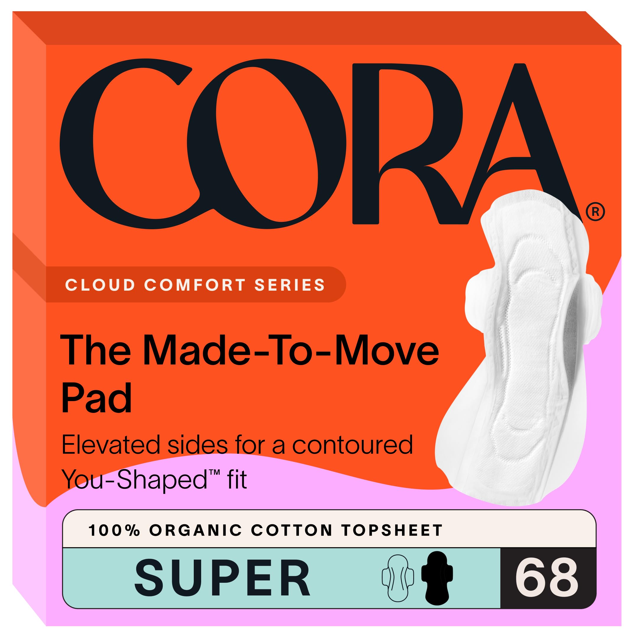 Cora 68-pack Made-to-Move topsheet pads offer contoured fit for active days.