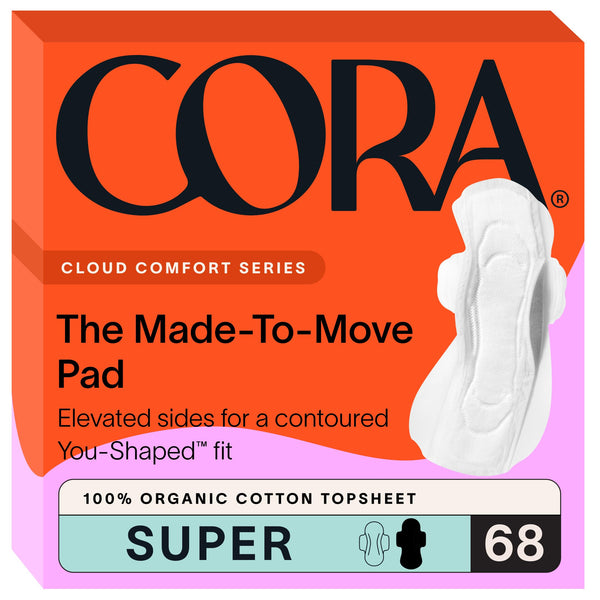 Cora 68-pack Made-to-Move topsheet pads offer contoured fit for active days.