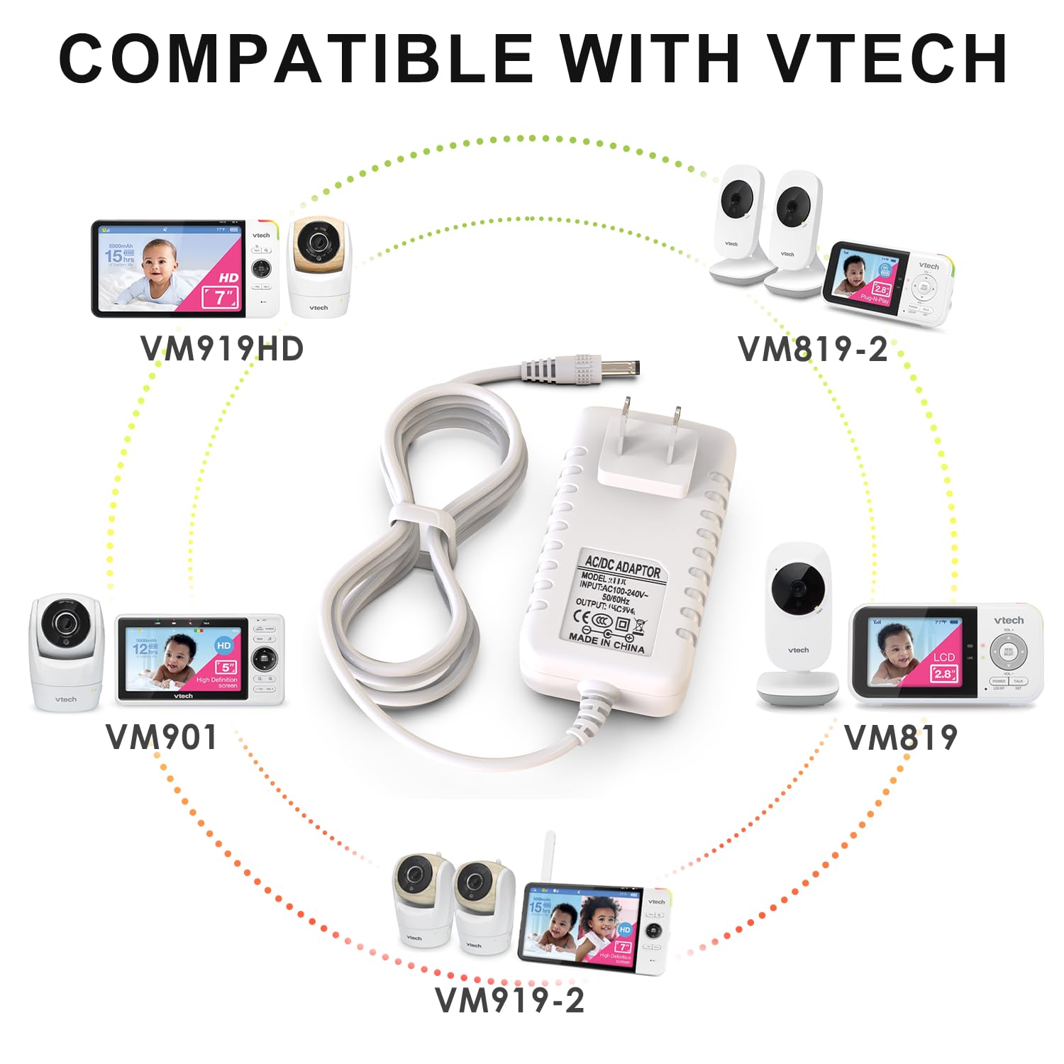 Cordro 5V power cord with VM919HD adapter provides steady power for handheld monitors.
