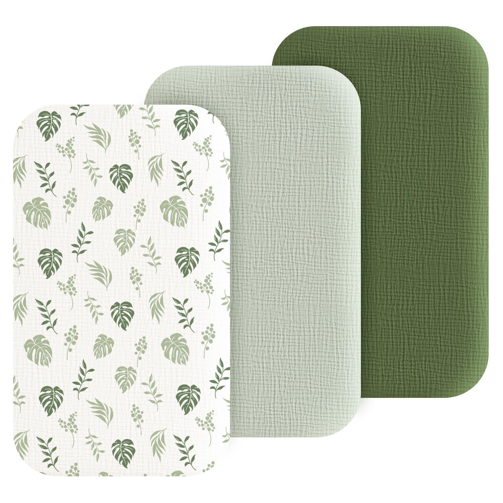 Coreeky leaf green muslin bassinet sheets in packaging for quick setup