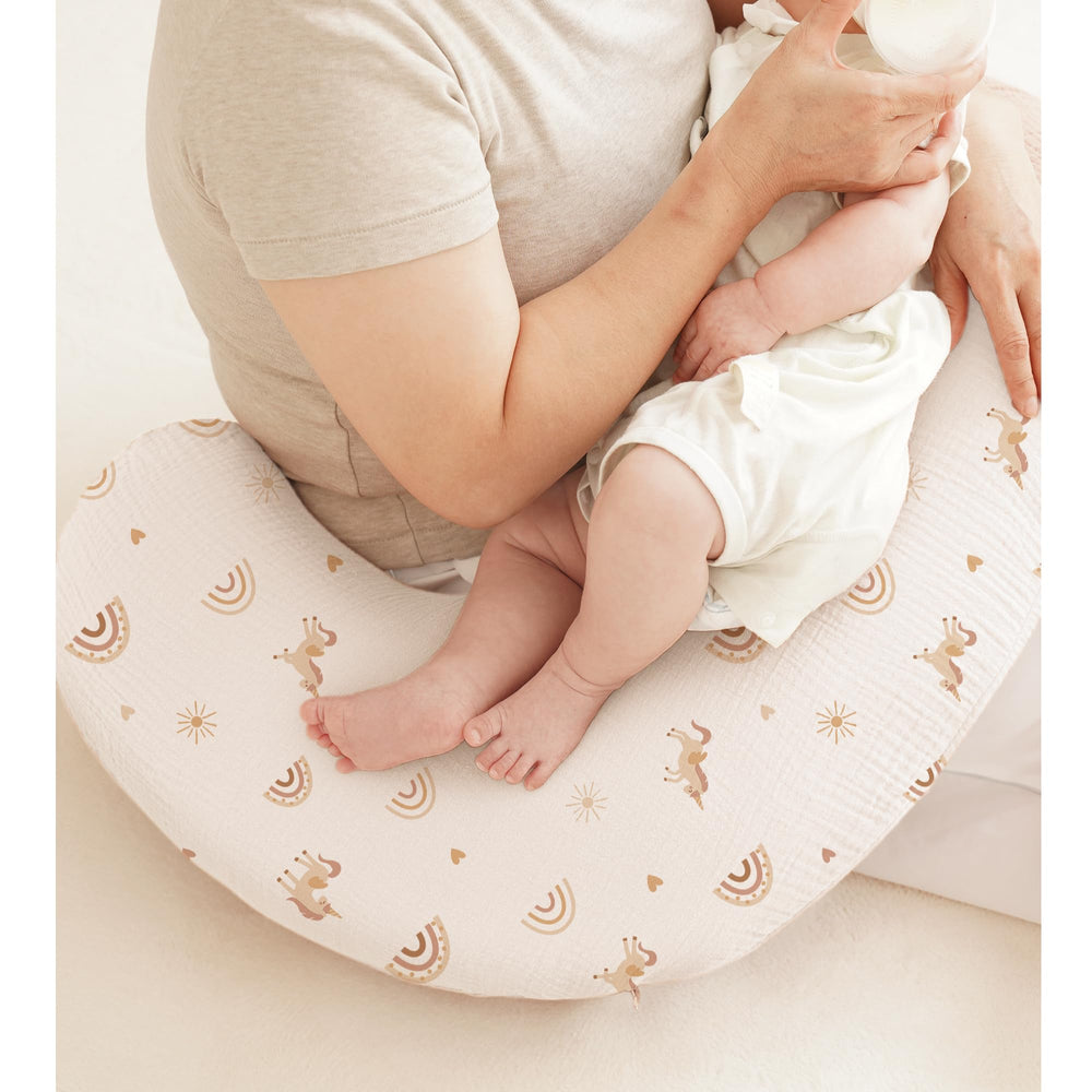 Coreeky muslin nursing pillow cover in Rainbow design adds cheerful style to feeding