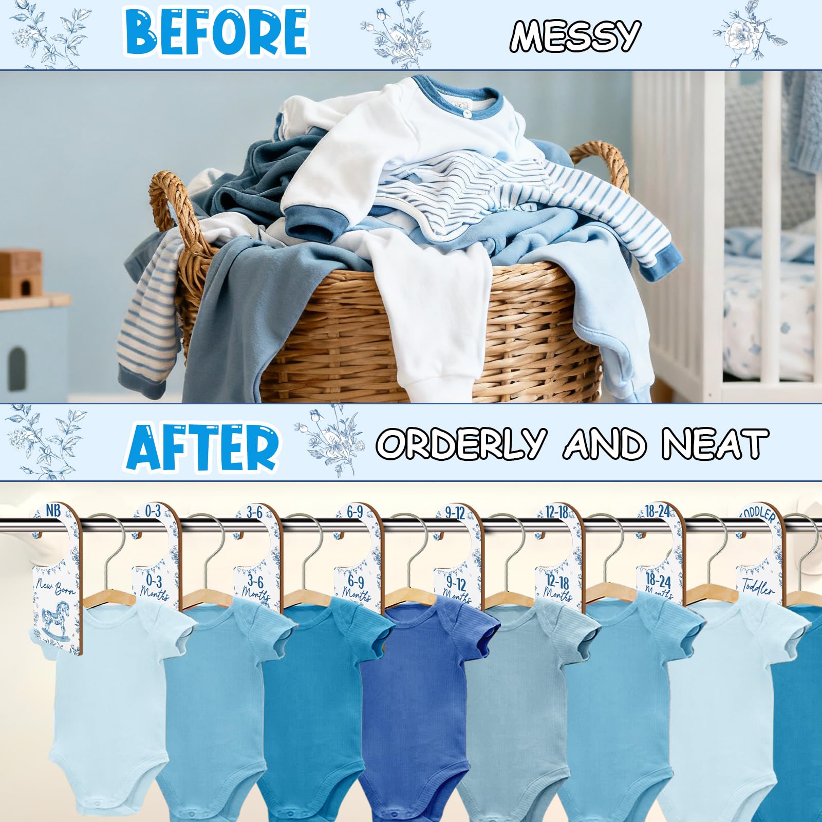 CORNER LACE dividers display newborn to toddler labels for organized wardrobe planning.