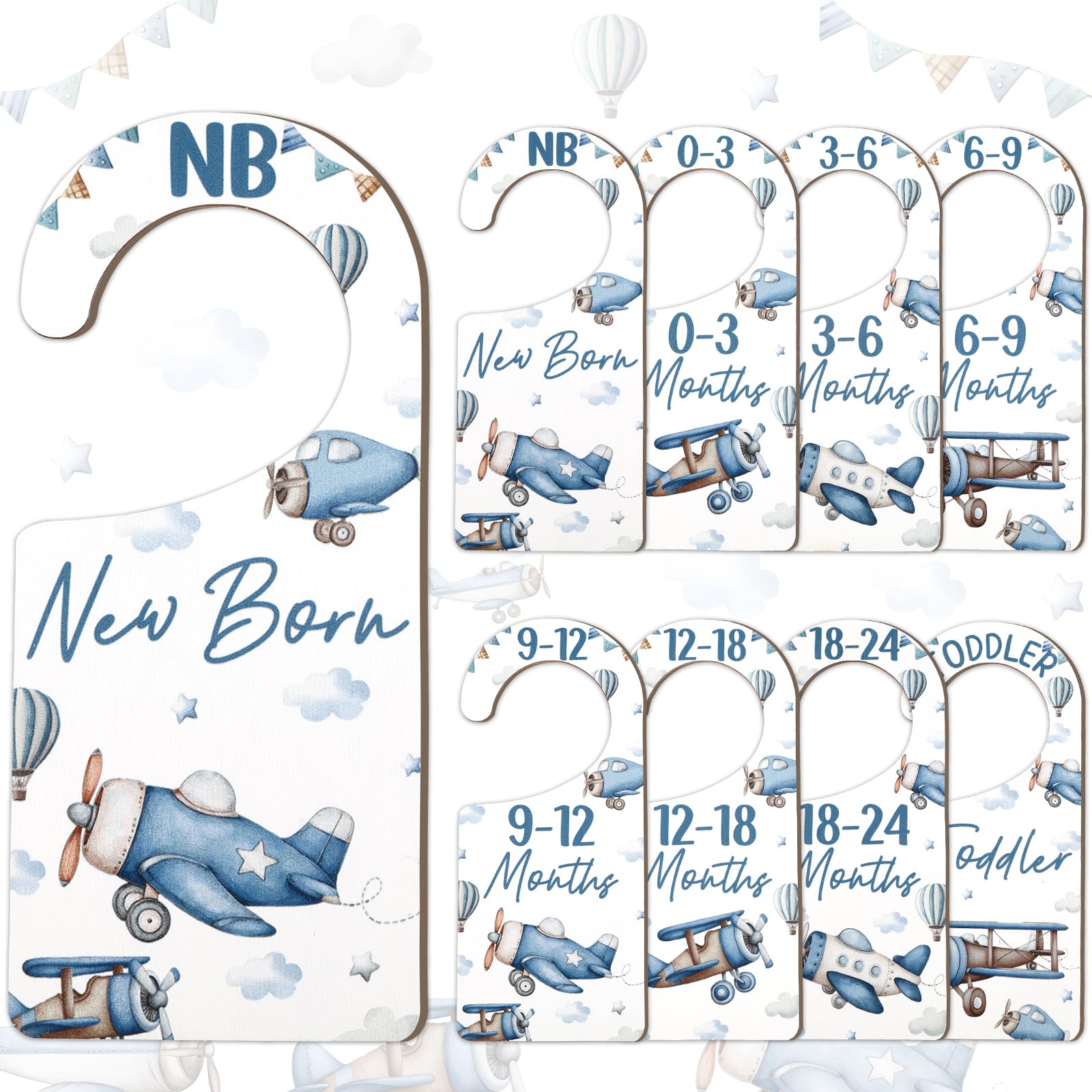 CORNER LACE airplane themed closet dividers on a rod organize newborn outfits