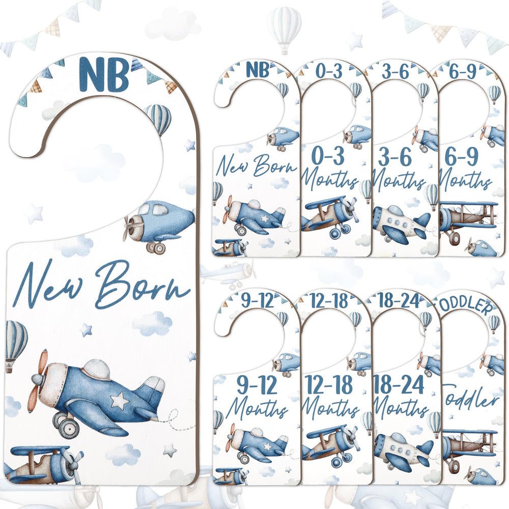 CORNER LACE airplane themed closet dividers on a rod organize newborn outfits