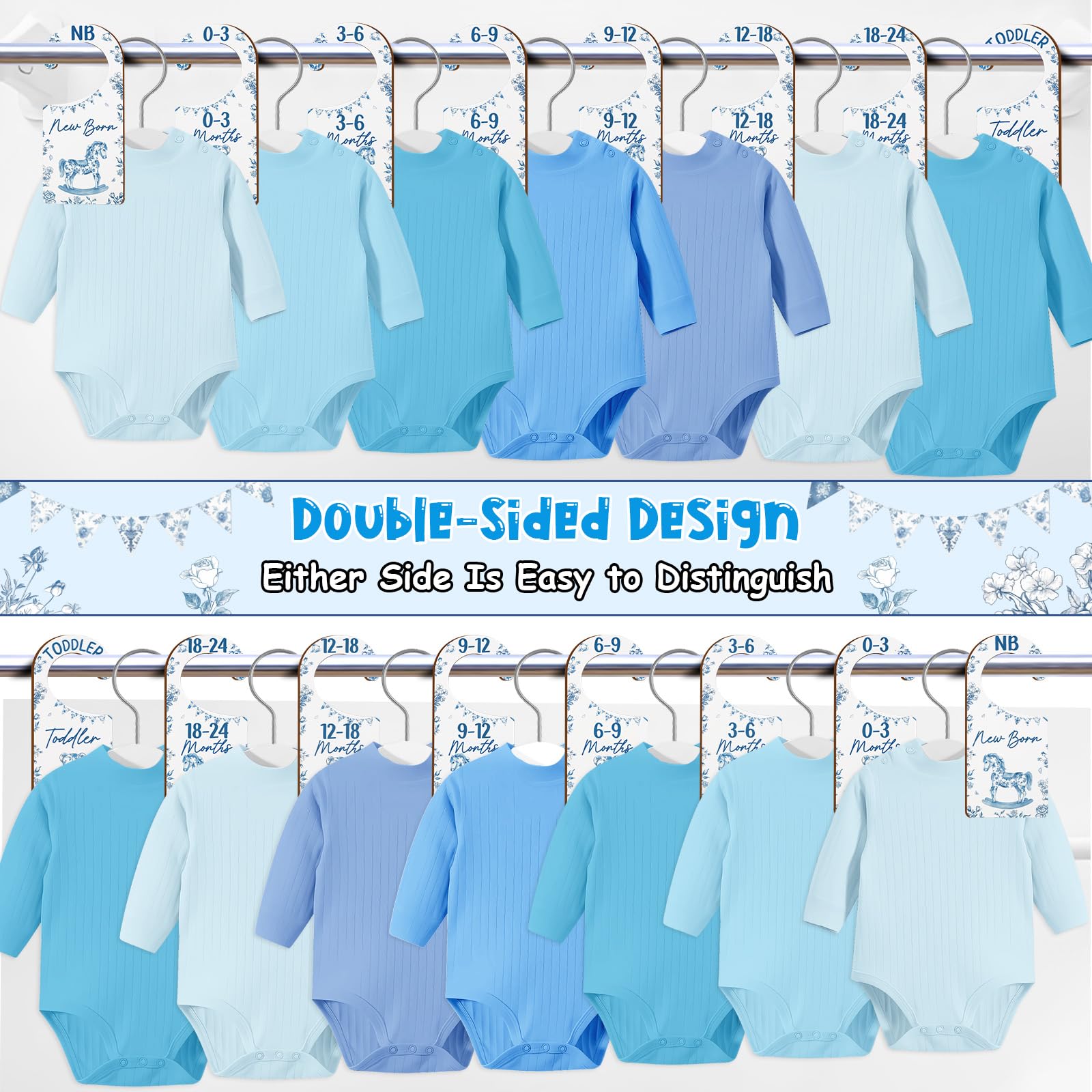 CORNER LACE baby closet dividers blue toile double-sided printing helps quick identification.