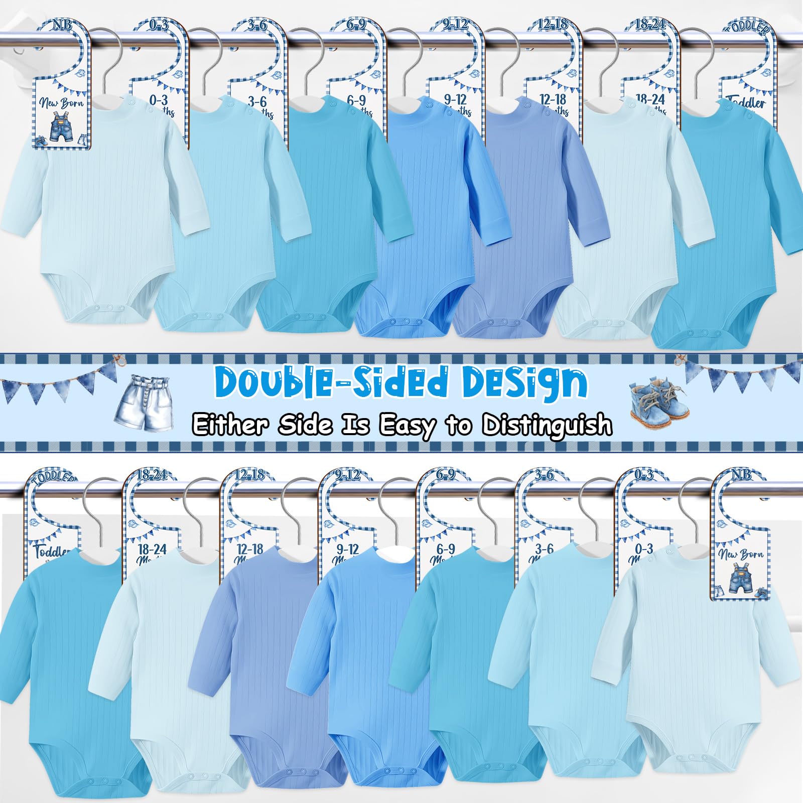 CORNER LACE baby closet dividers denim back view shows double sided readability for quick access.