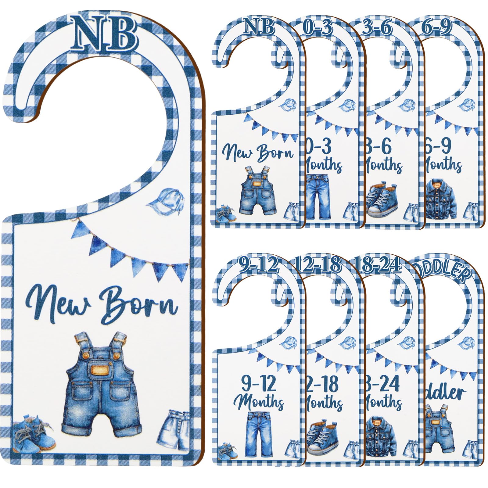 CORNER LACE baby closet dividers denim front view for organized newborn clothing.