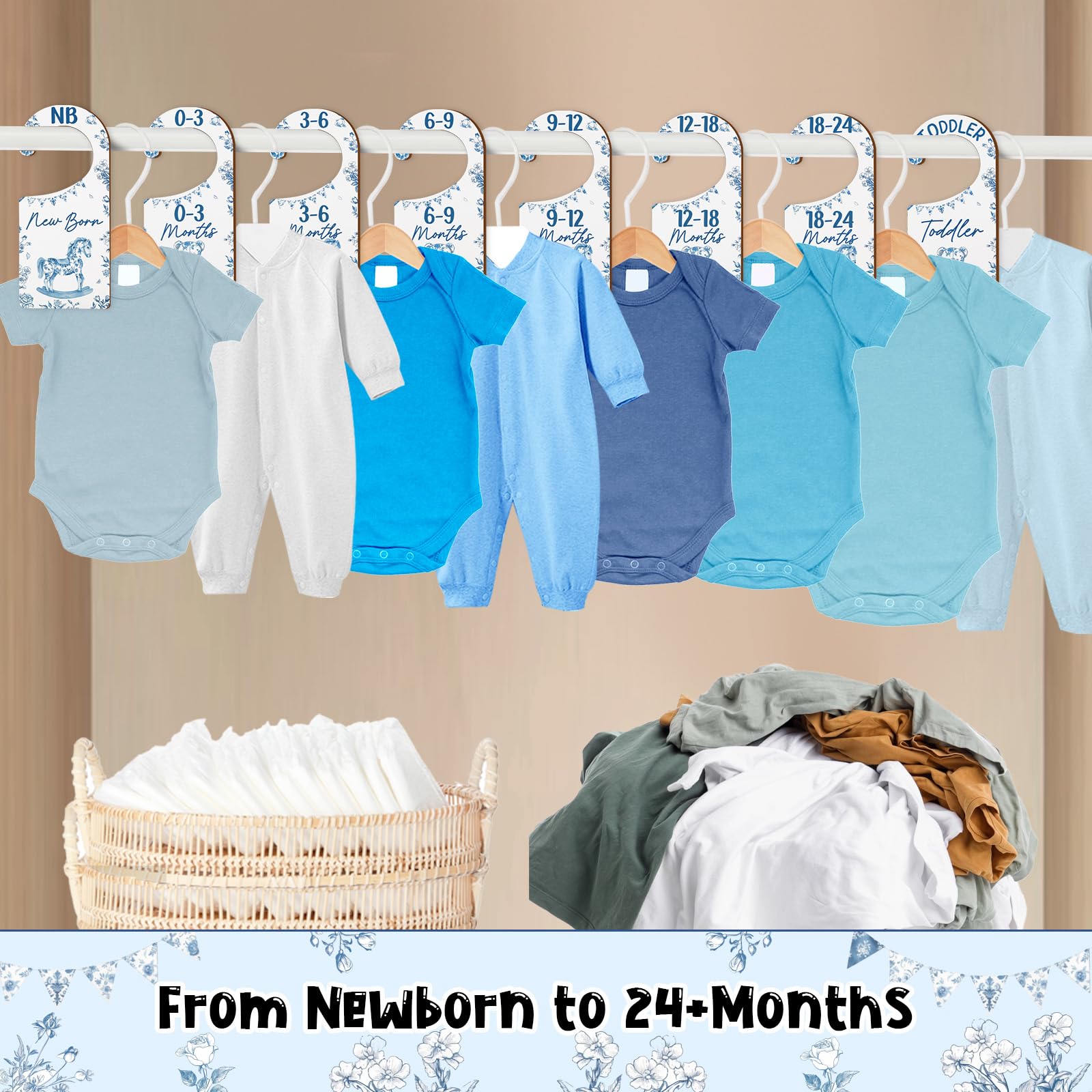 CORNER LACE blue toile dividers in use neatly separating baby outfits for quick access.