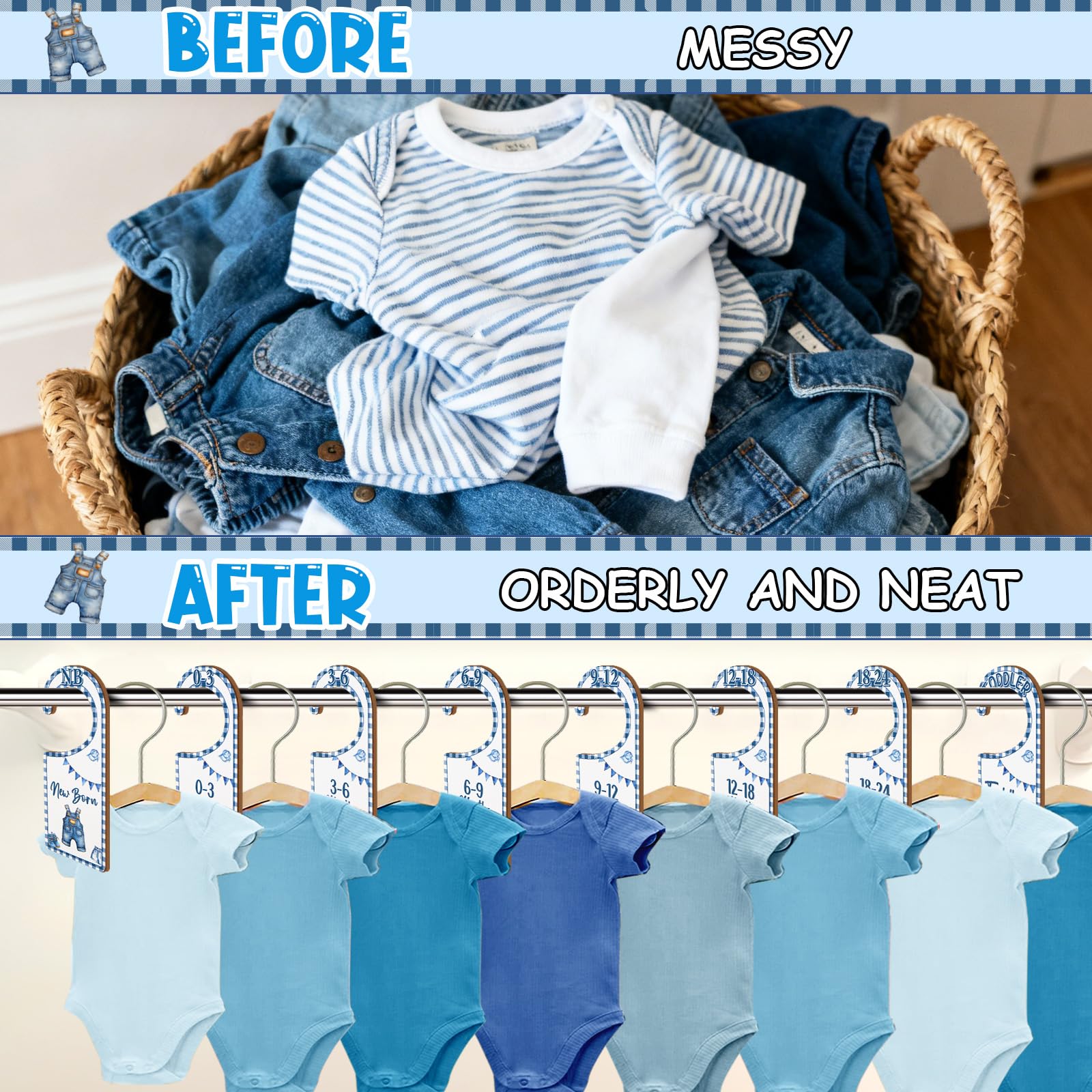 CORNER LACE denim-themed clothes divider pack demonstrating age labels for fast sorting.