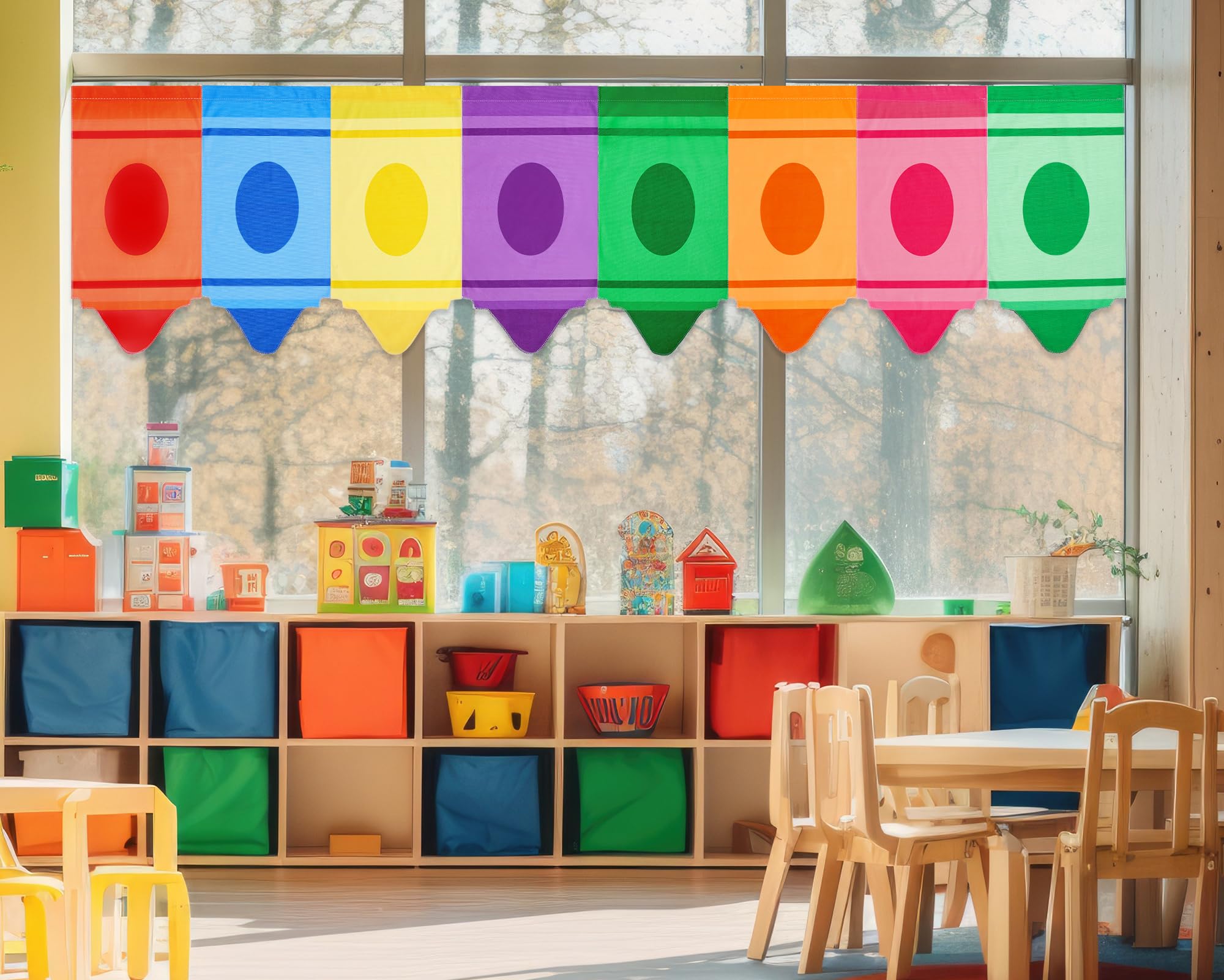Cosblank Rainbow Curtains with cartoon crayons brighten classrooms and inspire creative learning.