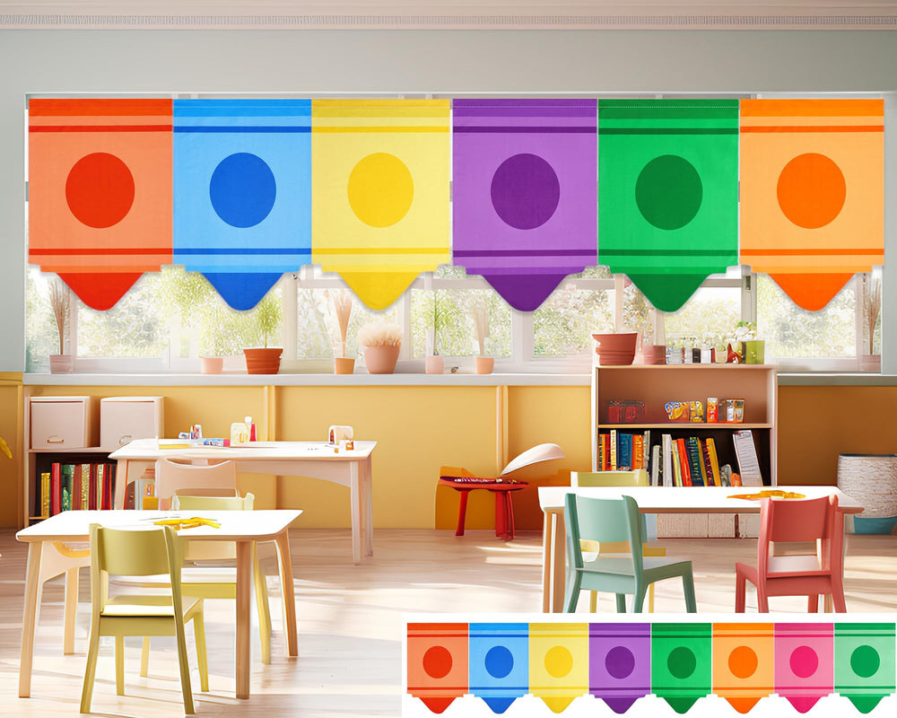 Cosblank rainbow school curtains with crayon design brighten classroom decor and play spaces.