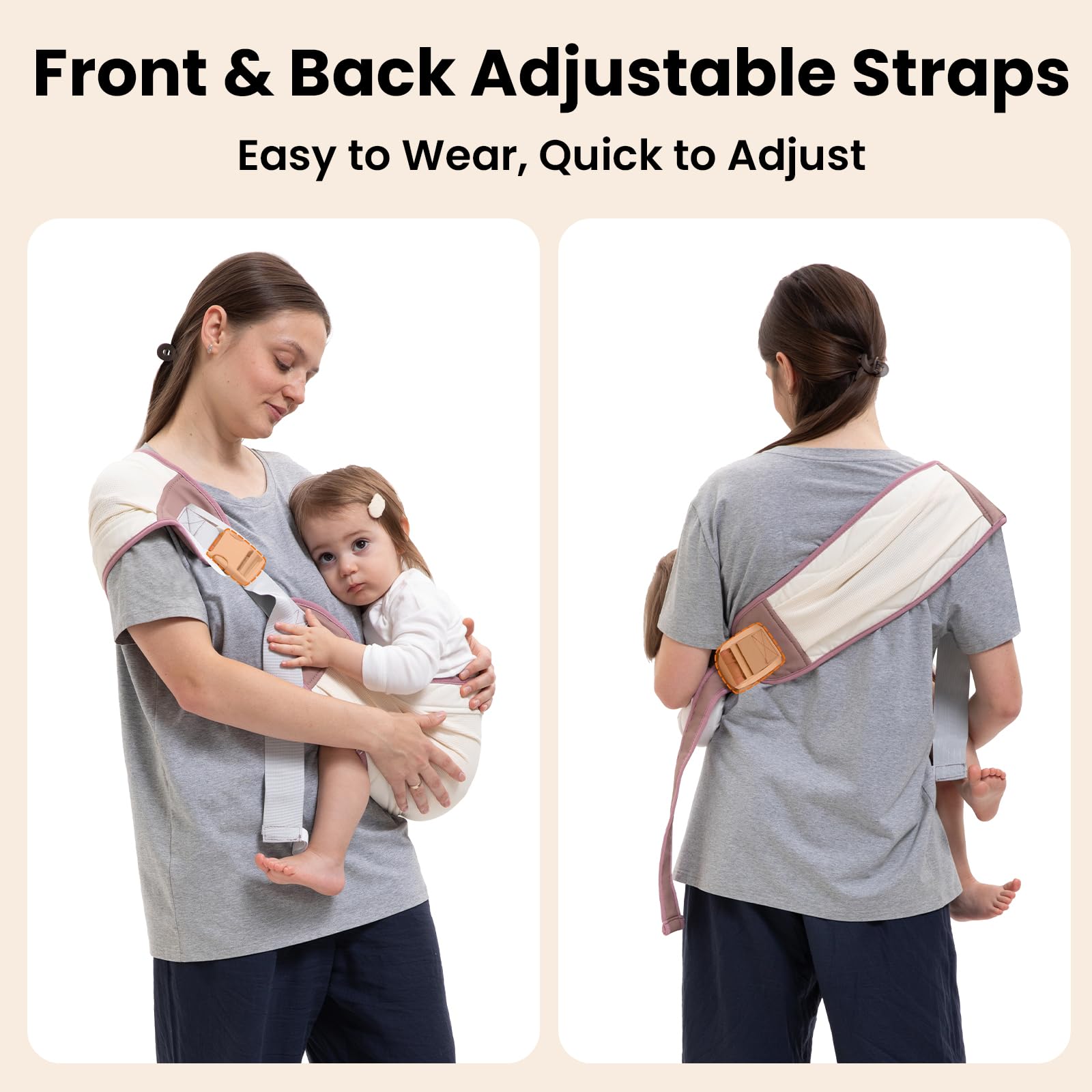 COSDIG baby carrier used in hip, side, and shoulder carrying positions