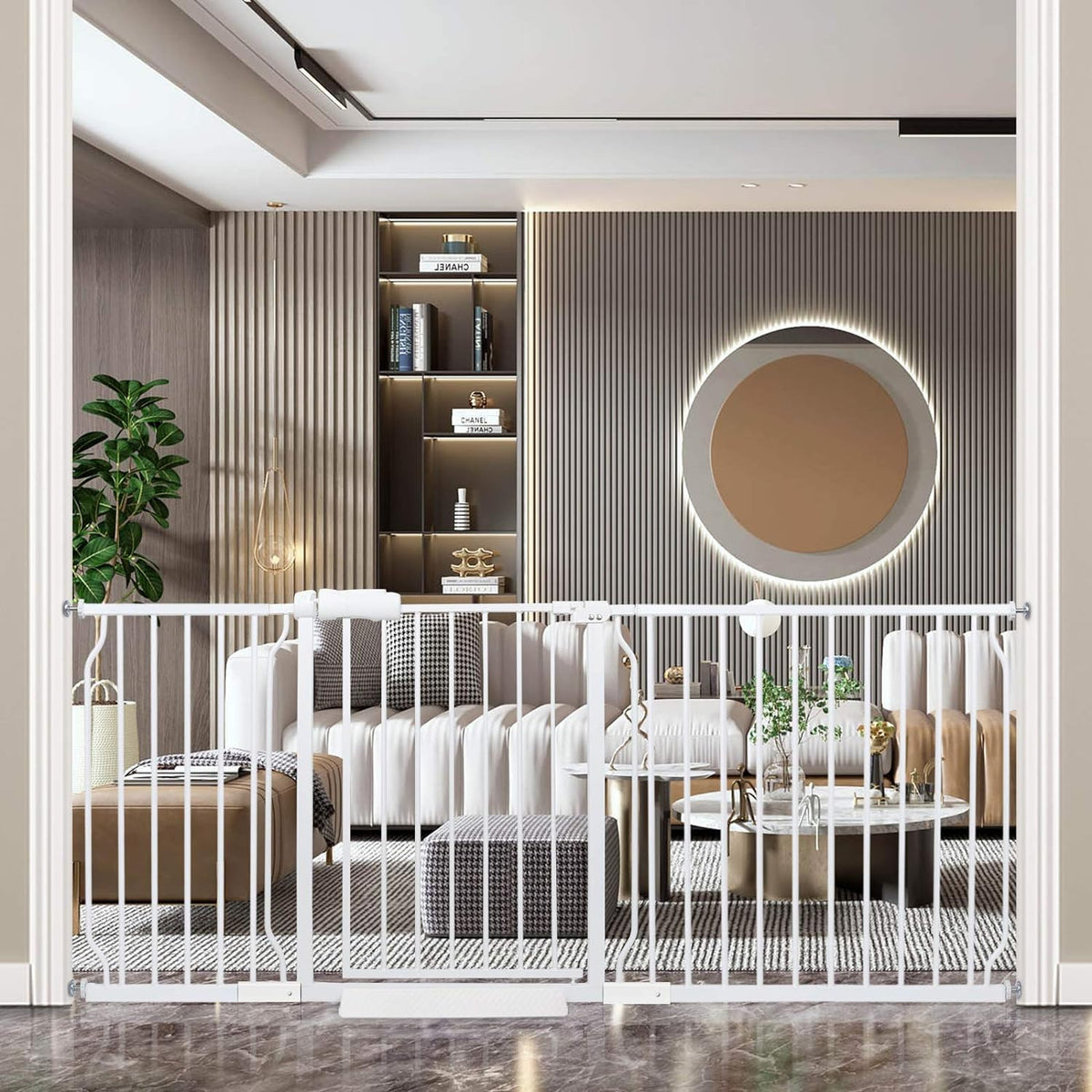 COSEND extra-wide baby gate in white, assembled for safe home use.
