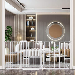 COSEND extra-wide baby gate in white, assembled for safe home use.