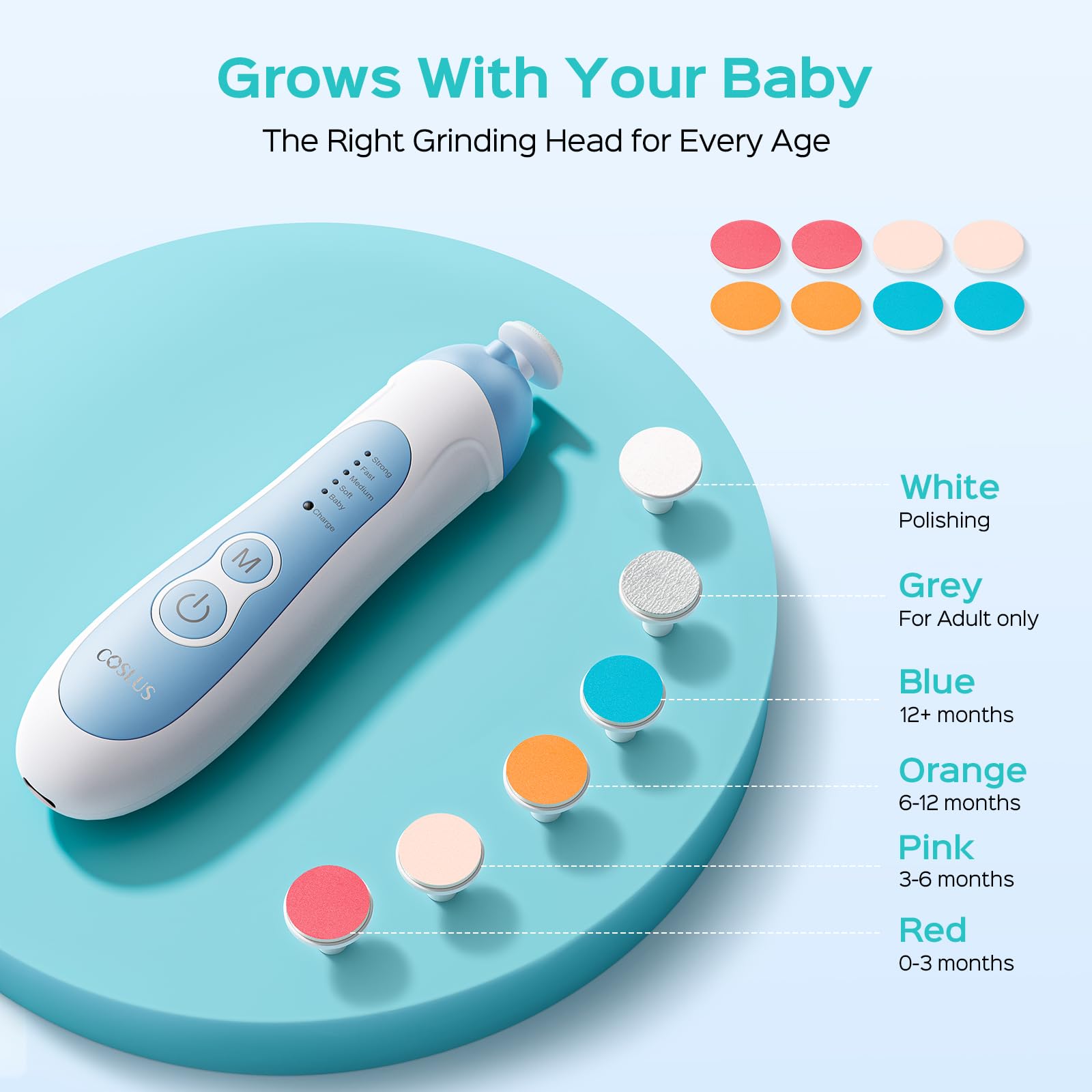 COSLUS kit includes six grinding heads for newborn to pre-teen nails