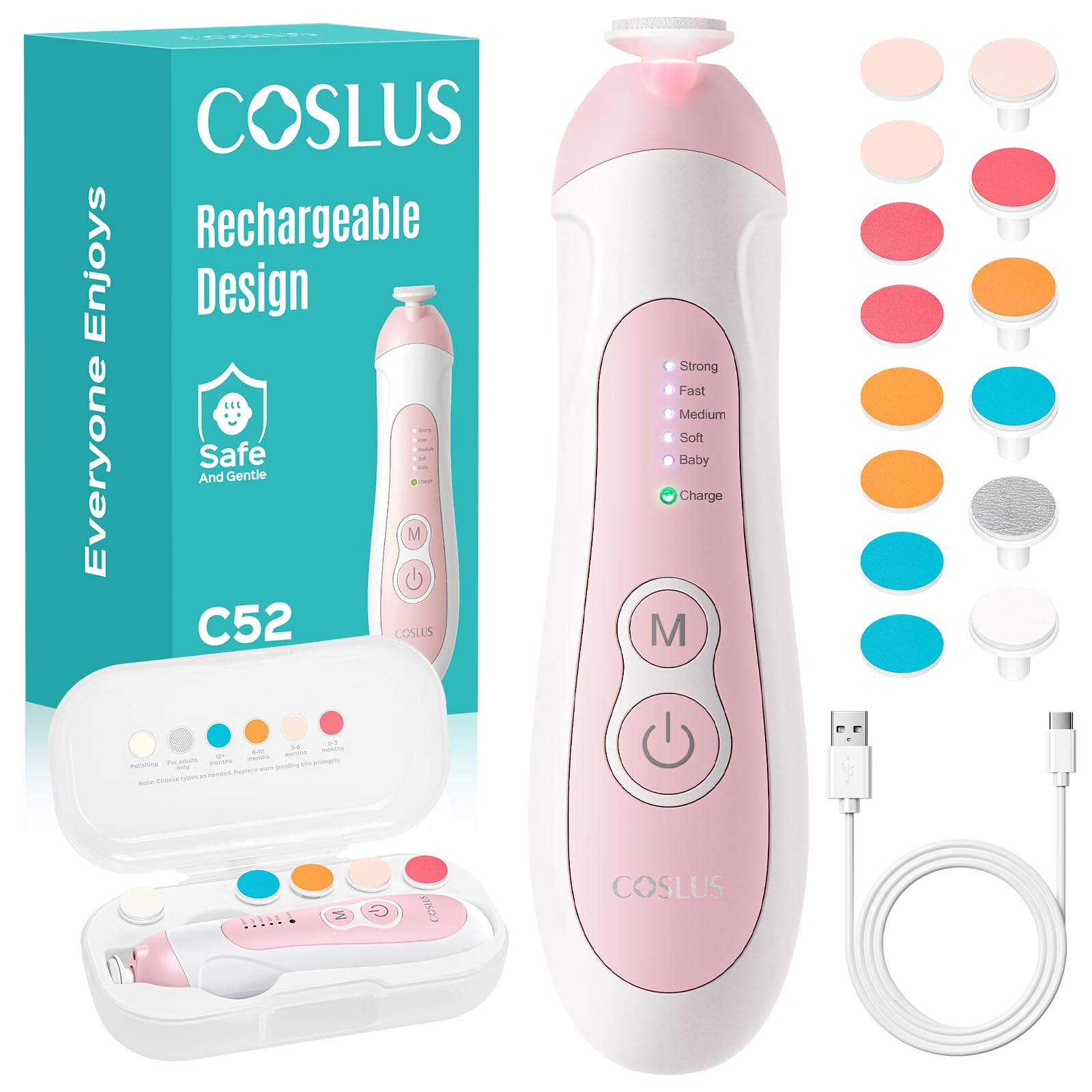 COSLUS rechargeable baby nail file ready for at-home grooming
