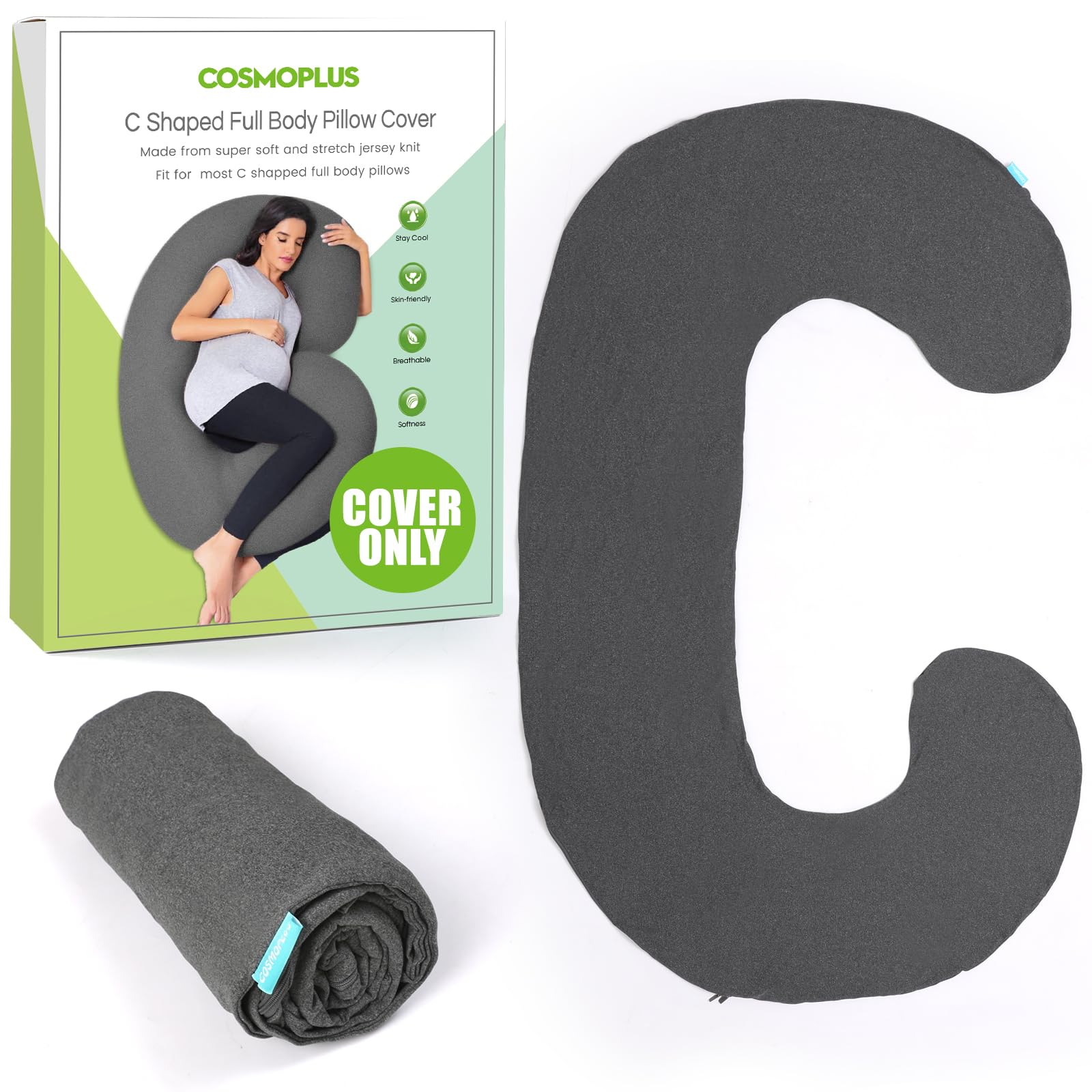 COSMOPLUS pregnancy pillow cover in C-shaped full-body fit for improved comfort.