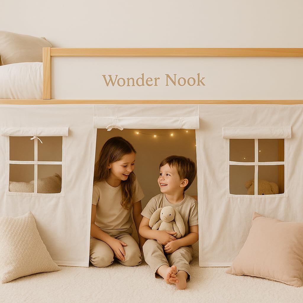 Wonder Nook bottom bunk curtain being installed with ties