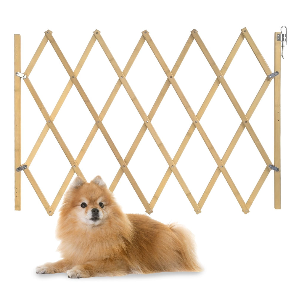 COSTYLE Expandable Wooden Dog Gate in doorway setup offers space-saving convenience.