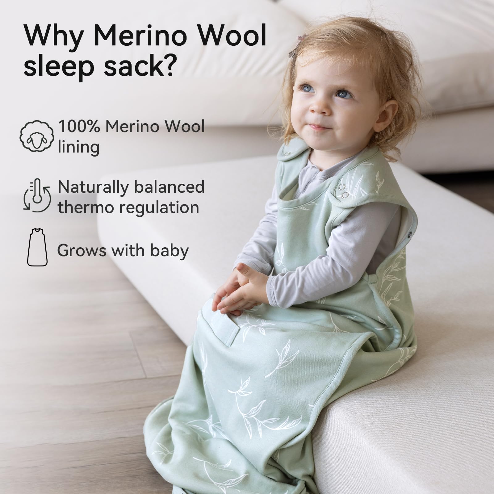 CosyDiary Merino sleep sack outer shell in organic cotton for breathability.